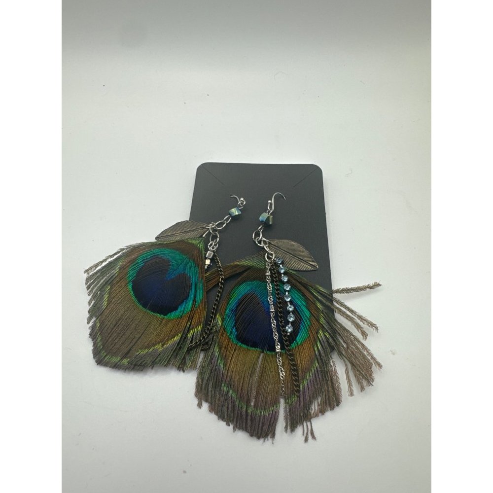 Boho Y2K Peacock Feather Long Dangle Earrings with Hook Ear Wires